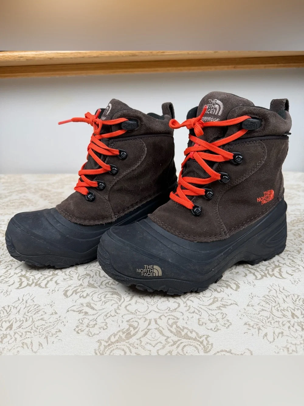 The North Face Brown and Orange Kids Snow Boots, Size 3, Warm, Waterproof